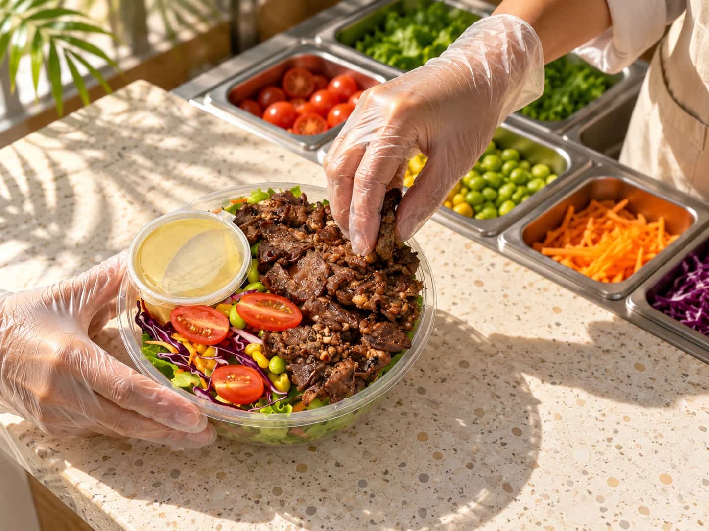 Tangan bersarung menyusun Beef Black Pepper Fit Bowl, dressing di cup terpisah