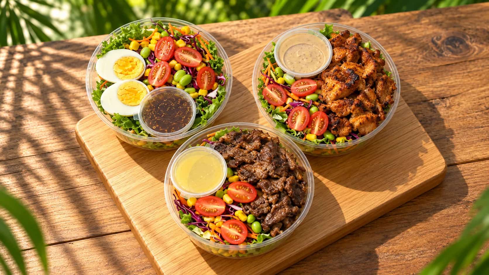 Tiga Fit Bowl di talenan kayu: Boiled Egg, Cajun Chicken, dan Beef Black Pepper, dressing di cup dalam bowl
