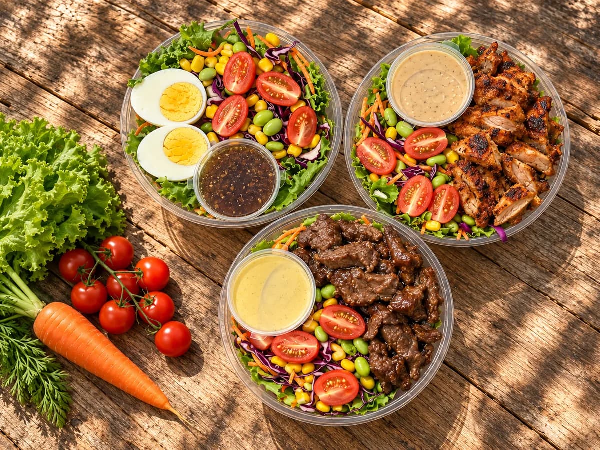 Tiga Fit Bowl dari atas di meja kayu bermatahari: Boiled Egg dengan dressing Wafu, Cajun Chicken dengan Sesame, Beef Black Pepper dengan Honey Mustard, di samping selada, tomat ceri, dan wortel