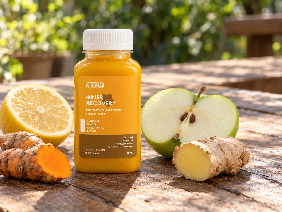 Shot Inner Recovery di meja kayu bermatahari berlatar kebun, dengan kunyit, jahe, apel hijau, dan lemon