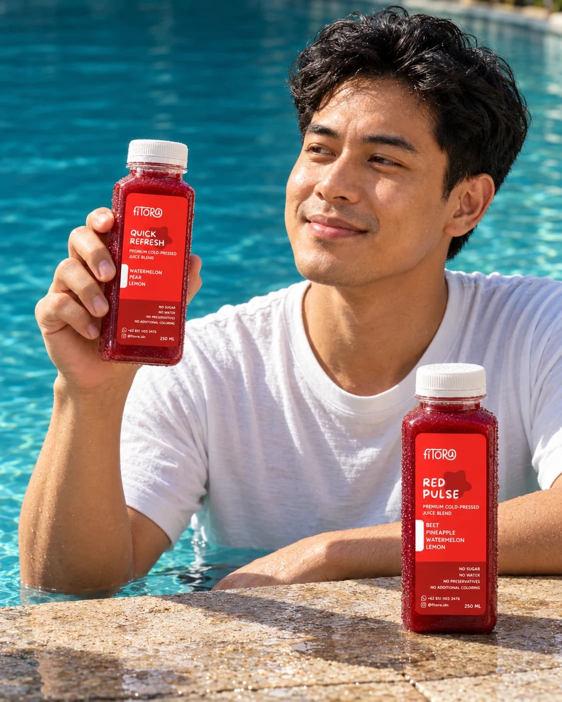 Laki-laki di kolam renang memegang Quick Refresh, dengan Red Pulse di tepi kolam.