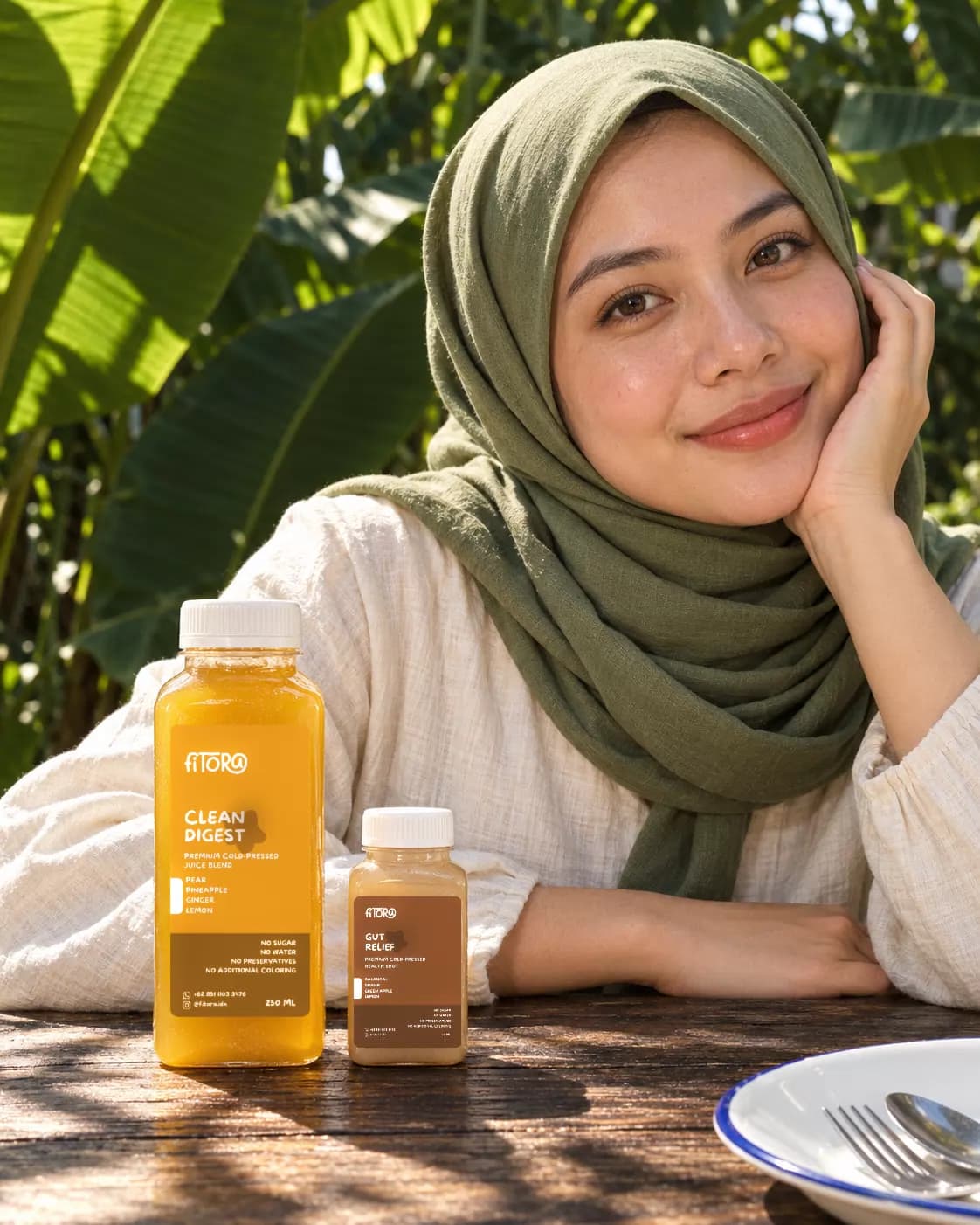 Perempuan berhijab hijau sage dan kemeja linen krem tersenyum, dagu bertumpu di tangan, di balik meja kayu dengan Clean Digest dan shot Gut Relief, di bawah daun-daun hijau.